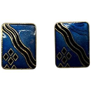 Blue, Gold & Black Enamel Post Earrings for Pierced Ears Retro 1980s Jewelry